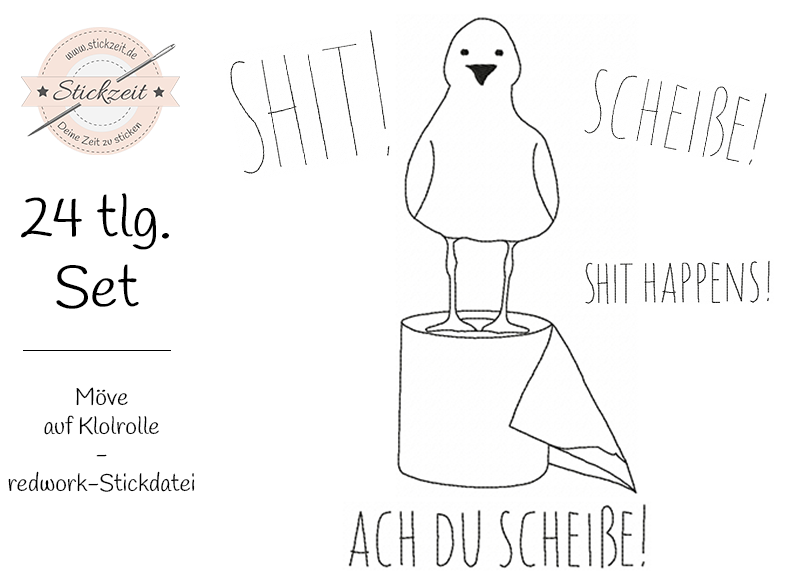 Möwe auf Klorolle - redwork Stickdatei